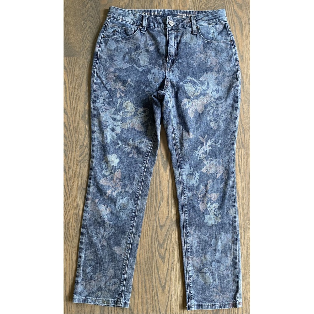 Laurie Felt Floral Jeans Petite Relaxed Straight Denim Boho Chic Women 8P Blue